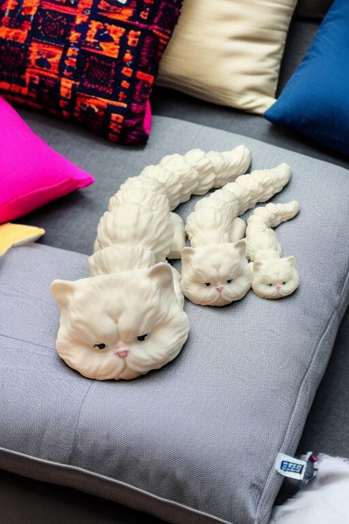 3D printed articulated cat figurine in white on a gray cushion with colorful pillows