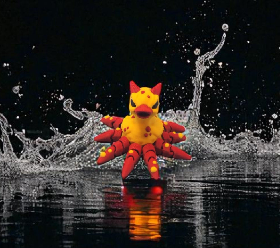 Toy figure of a red and yellow creature emerging from water with a black background