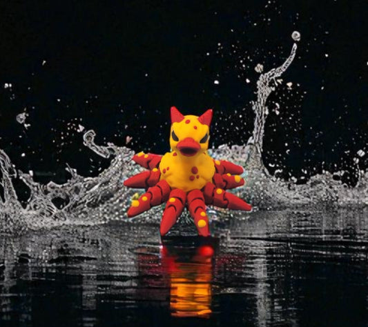 Toy figure of a red and yellow creature emerging from water with a black background