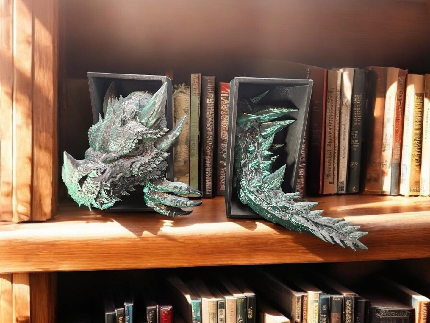 3D printed dragon bookend set in metallic green holding books on wooden shelf