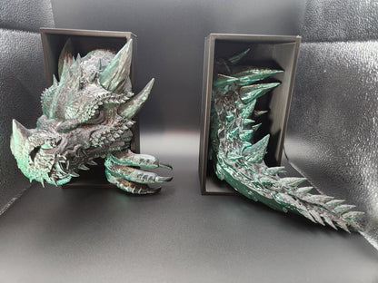 Etsy 3D printed dragon bookend with detailed textured scales and greenish patina finish holding books