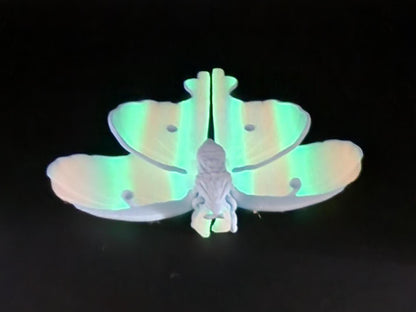 3D printed luminous moth glowing green in the dark with detailed wing design on Etsy