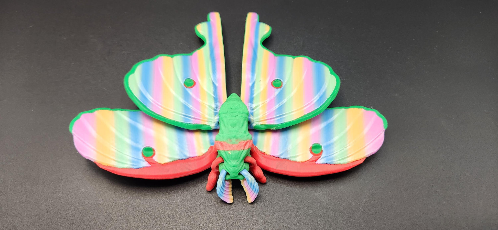 Colorful 3D printed luminous moth with rainbow stripes and detailed wings on a dark background