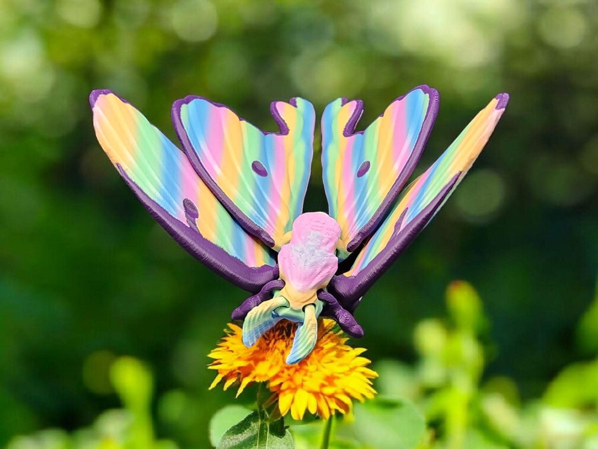 Colorful 3D printed luminous moth with rainbow wings perched on a yellow flower outdoor