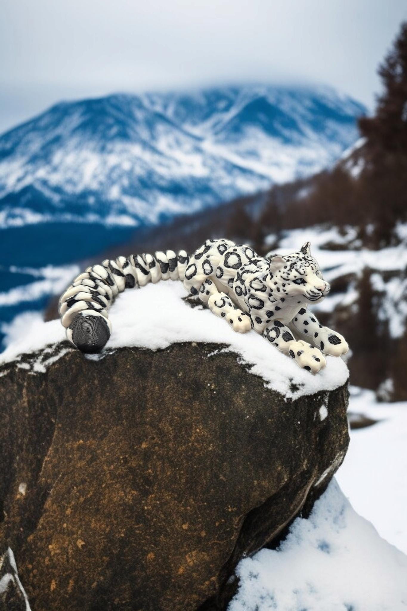 3D printed snow leopard figurine lying on a snow-covered rock with snowy mountains in the background
