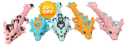 Cute flexy heart dragon figurine in pink, blue, and orange colors displayed side by side