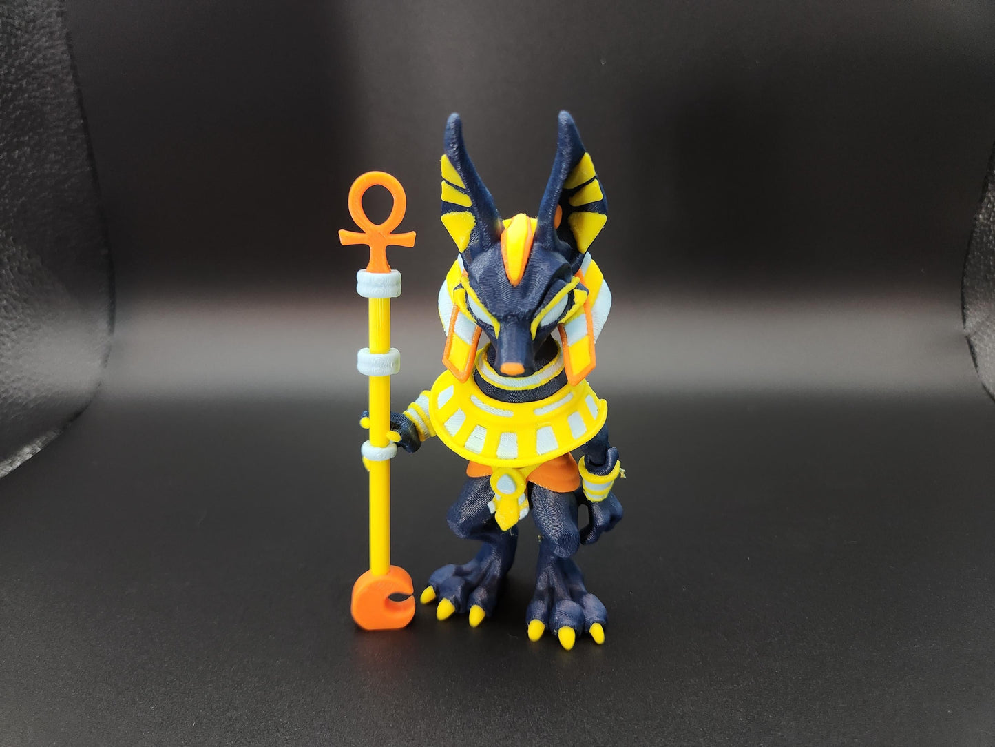 3D printed 3in standing, flexy, articulated Anubis with staff