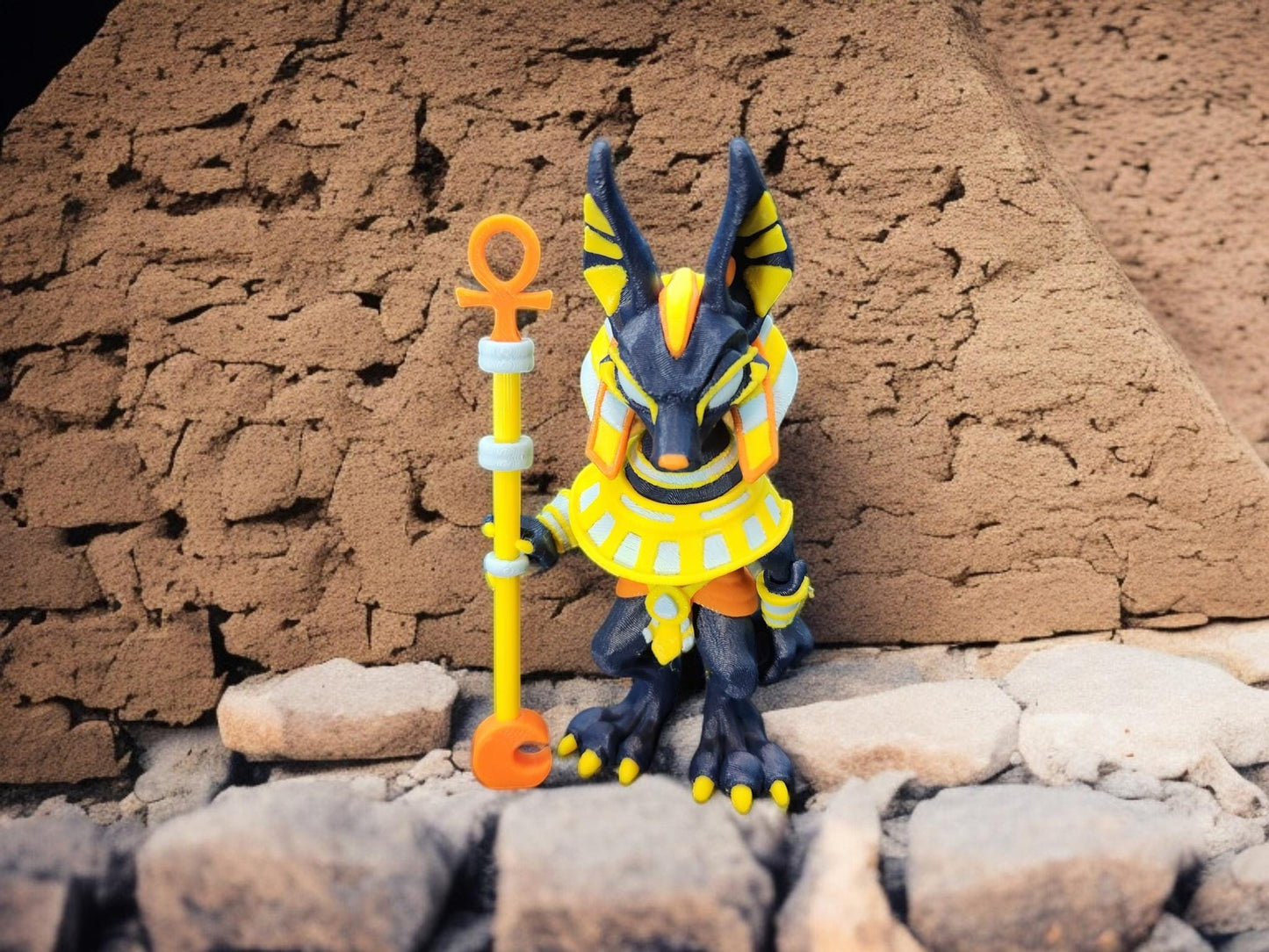 3D printed 3in standing, flexy, articulated Anubis with staff