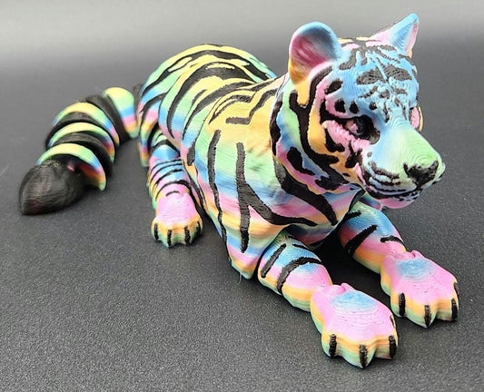 Vibrant Rainbow Flexy Tiger - Large 3D Printed Posable Toy