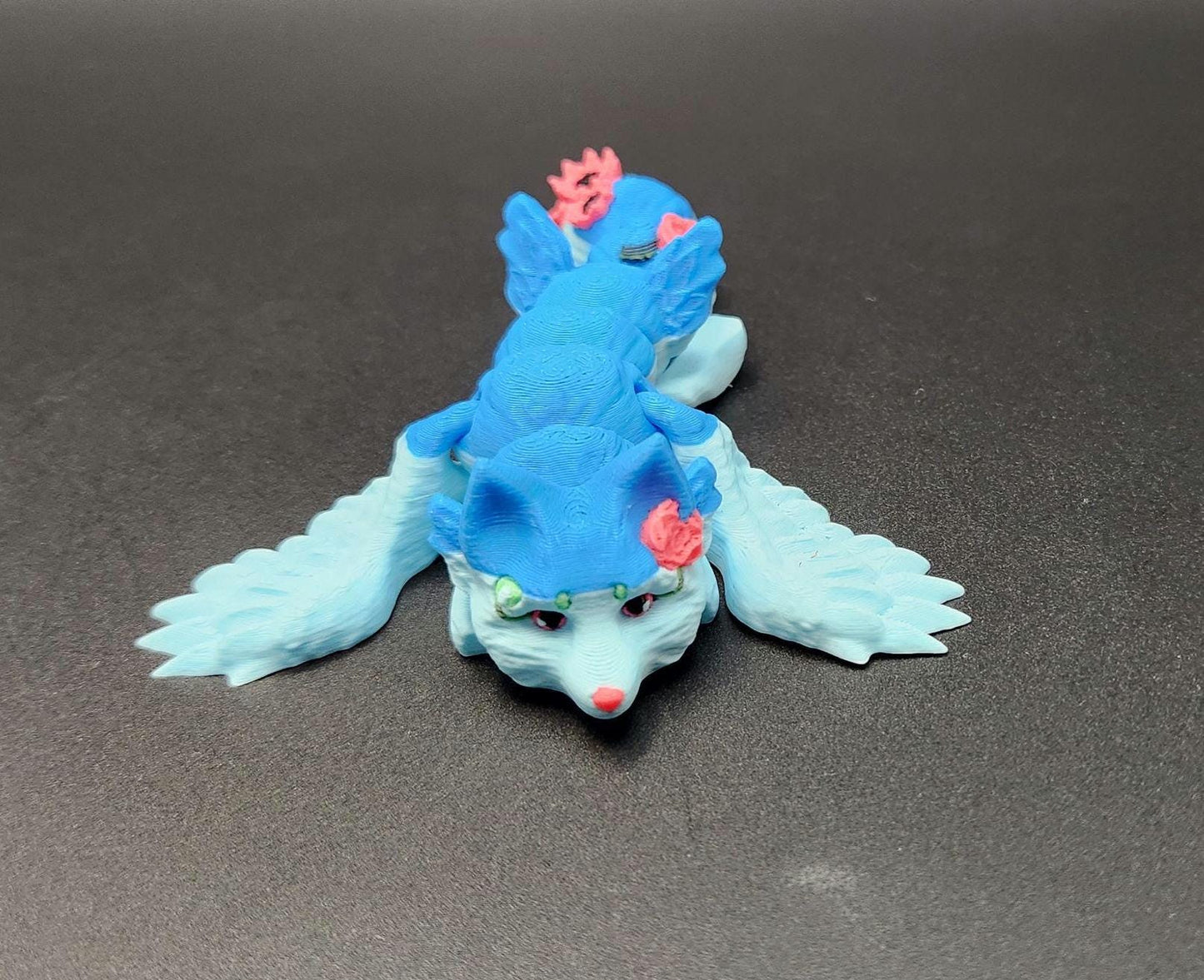 3D Printed Articulated Fairy Wolf Keychain with Wings & Woodland Flower Design