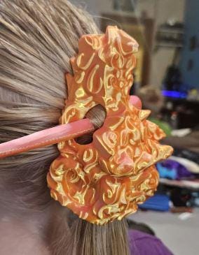 Color-Shifting Dragon Head Hair Pin for Renfaire and Everyday Wear with 3D Printed dragon skull and bone pin