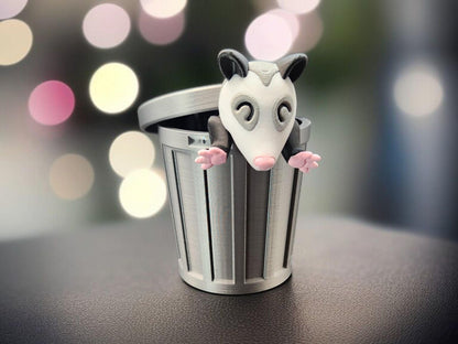 3D Printed Articulated Opossum with Trash Can  Poseable Trash Goblin Toy