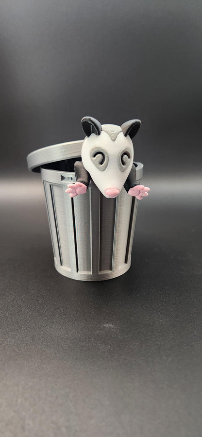 3D Printed Articulated Opossum with Trash Can  Poseable Trash Goblin Toy