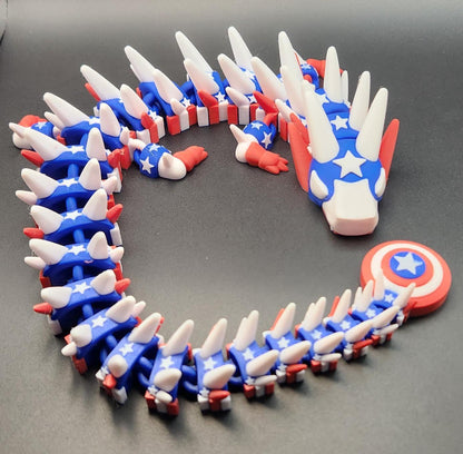 Legend inspired dragon action figures designed in red white and blue with star patterns on black background