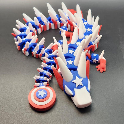 Legend inspired dragon action figures in red white and blue with patriotic stars and shield design