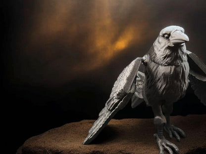 Detailed articulated raven figurine with movable wings perched on a textured surface against dark background
