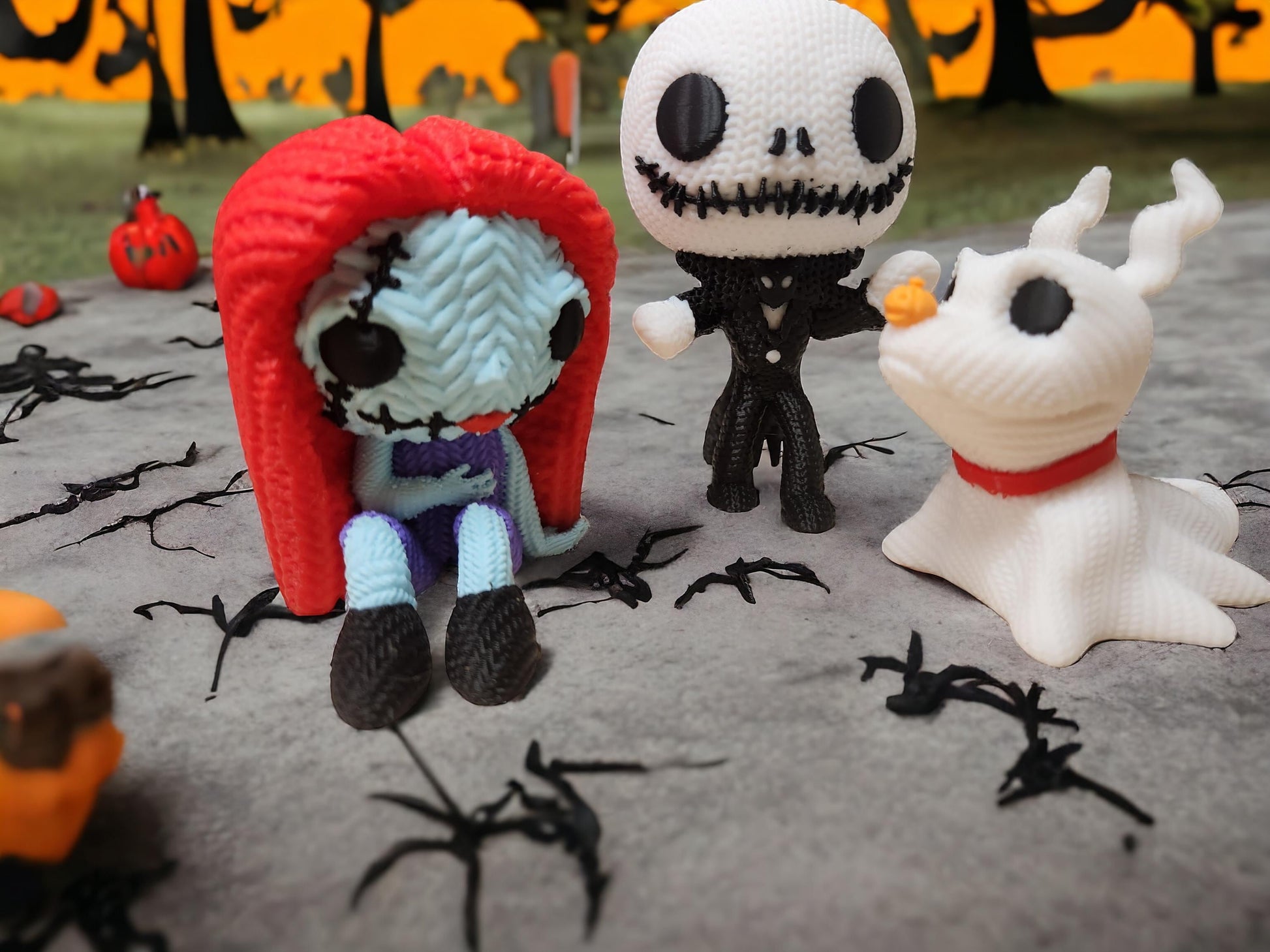 Unique crochet Nightmare Before Christmas gifts featuring handmade Jack Skellington, Sally, and Zero plush characters on spooky background