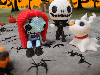 Unique crochet Nightmare Before Christmas gifts featuring handmade Jack Skellington, Sally, and Zero plush characters on spooky background