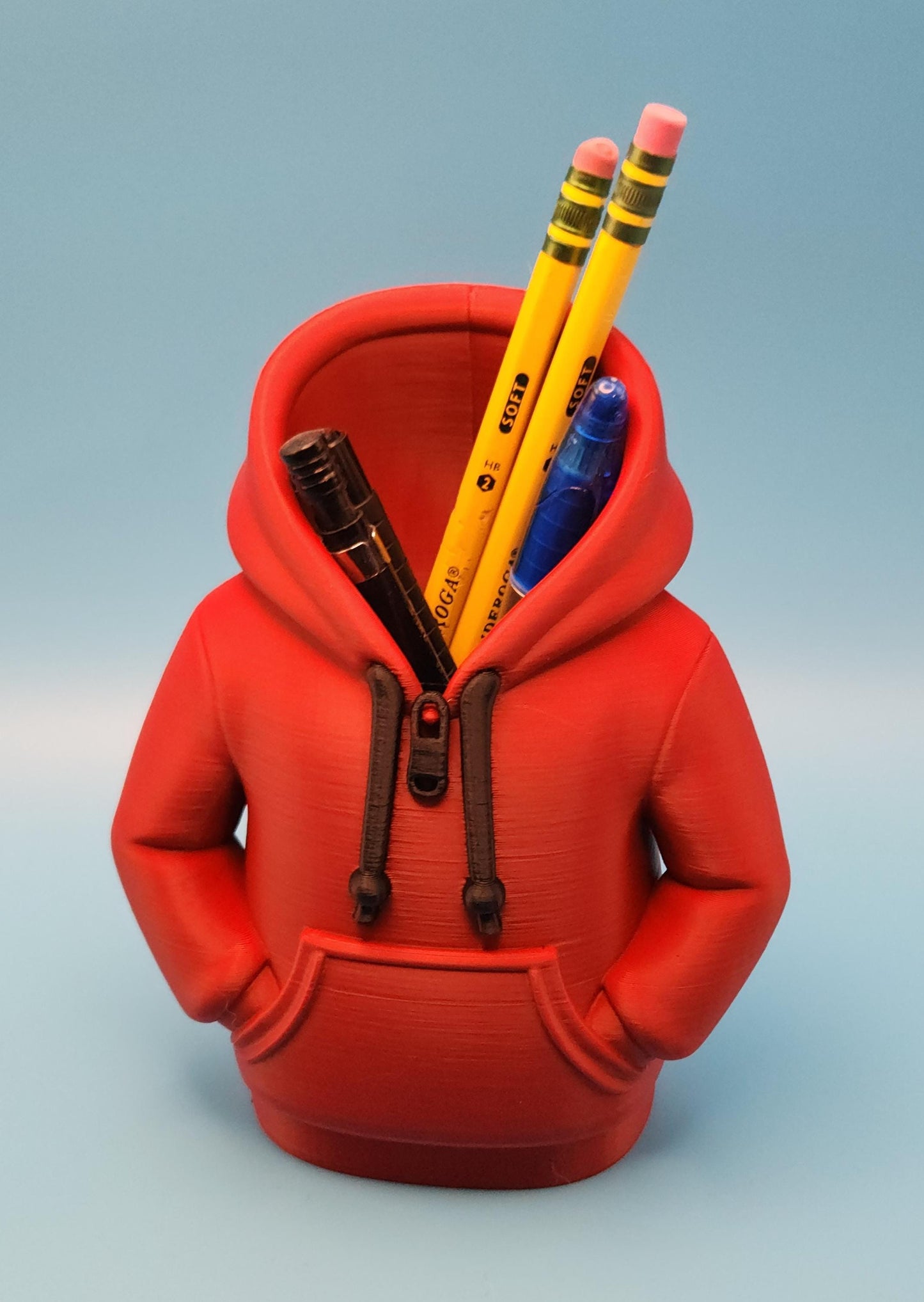 Red hoodie shaped novelty pencil cup for office holding pencils and pens