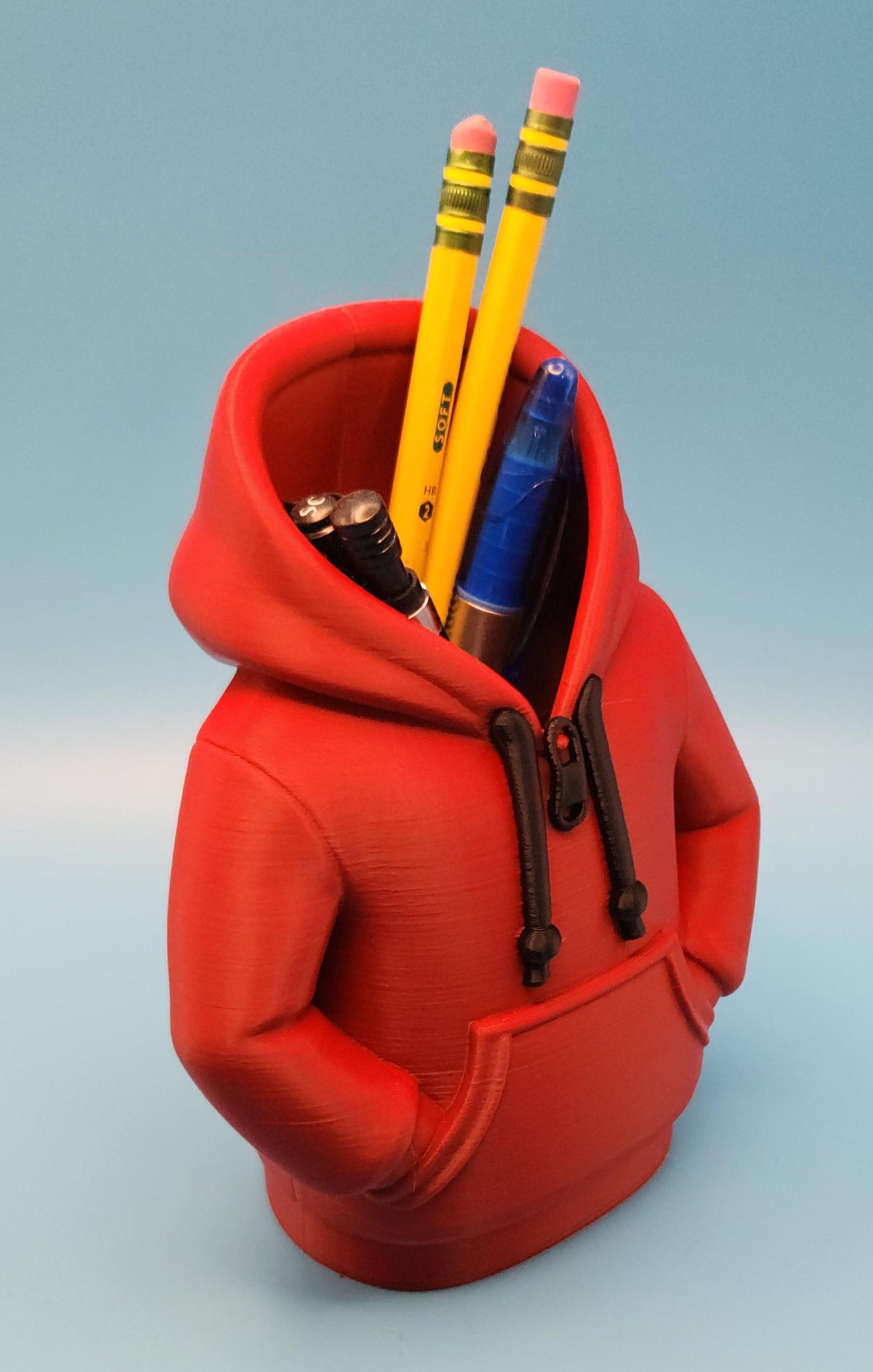 Red hoodie shaped novelty pencil cup for office holding pencils, pen, and batteries