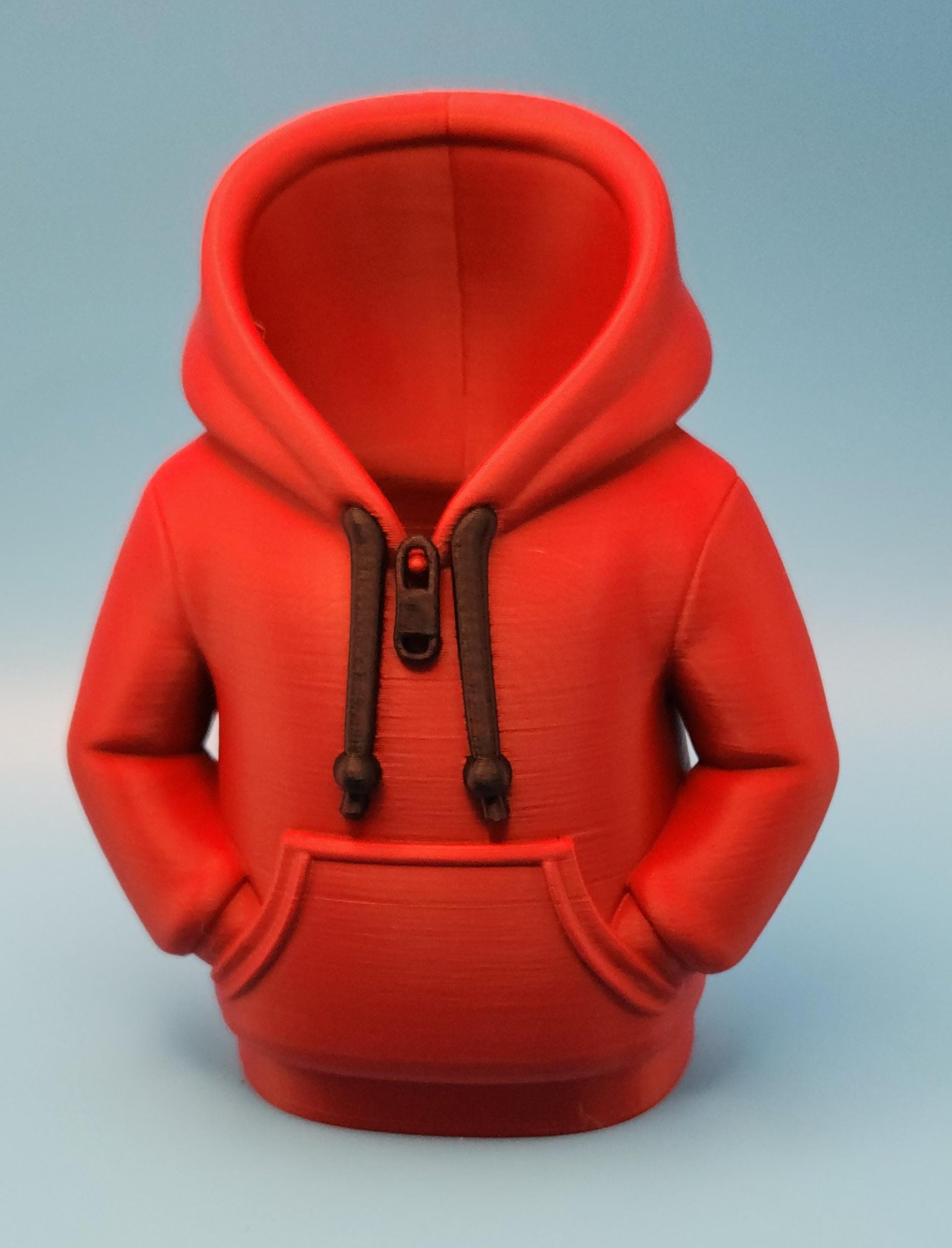 Red hoodie shaped novelty pencil cup for office with detailed zipper and pocket design