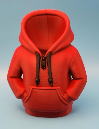 Red hoodie shaped novelty pencil cup for office with detailed zipper and pocket design