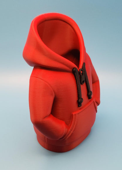Red hoodie shaped novelty pencil cup for office with detailed pocket and drawstring design
