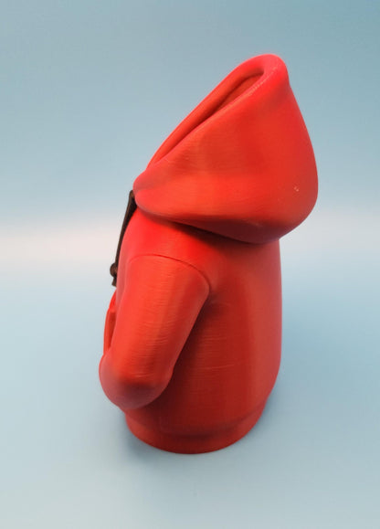 Red hoodie-shaped novelty pencil cup for office with detailed design on blue background