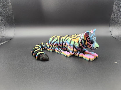 Colorful realistic tiger figurine 3D print lying down with detailed stripes and vibrant colors
