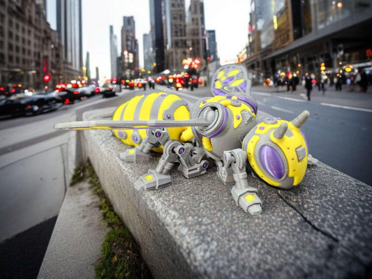 Yellow and purple steampunk mech bee collectible with mechanical legs and wings on city sidewalk