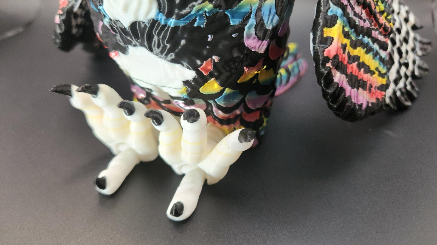 Close-up of poseable articulated rainbow great horned owl figurine showing detailed claws and colorful textured feathers