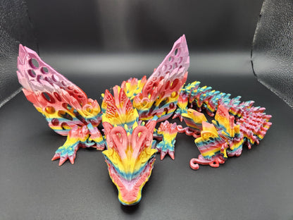Colorful 3D printed winged crystal dragon figurine with detailed scales and large textured wings